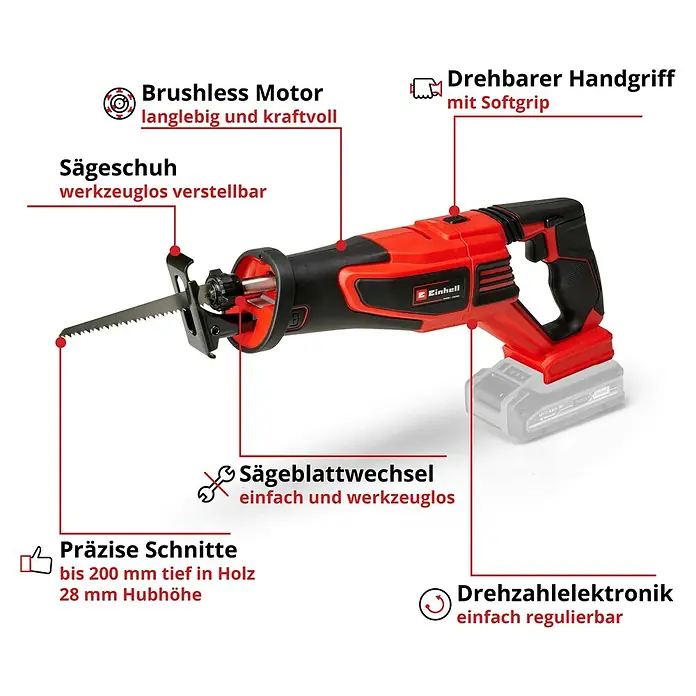 Einhell Professional Power X-Change 18V Akku-Säbelsäge Professional TE-AP 18/28 Li BL - Solo - 18 V, Ohne Akku, Leerlaufhubzahl: 0 /min - 2.500 /min - Abbildung einer roten und schwarzen Einhell Akku-Säbelsäge mit hervorgehobenen Produktmerkmalen.