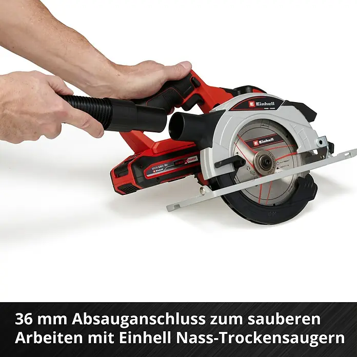 Einhell Power X-Change 18V Akku-Handkreissäge TE-CS 18/165-1 Li - Solo - 18 V, Ohne Akku, Leerlaufdrehzahl: 4.200 U/min - Abgebildet ist eine Einhell Akku-Handkreissäge mit Staubabsaugung, ideal für saubere Arbeiten mit Einhell Nass-Trockensaugern.