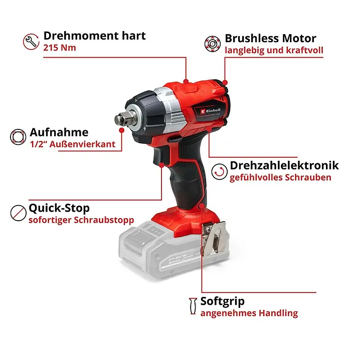 Einhell Professional Power X-Change 18V Akku-Impulsschrauber TE-CW 18 Li Brushless-Solo - 18 V, Ohne Akku, 215 Nm - Abbildung eines Einhell Akku-Schlagschraubers mit Erläuterungen zu Drehmoment, Motor, Aufnahme, Quick-Stop, Drehzahl und Softgrip.