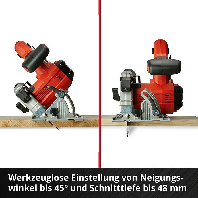 Einhell PXC 18V Akku-Handkreissäge TE-CS 18/150 Li - Solo - 18 V, Ohne Akku, Leerlaufdrehzahl: 4.200 U/min - Bild einer roten Einhell Handkreissäge mit verstellbarem Neigungswinkel und Schnitttiefe.