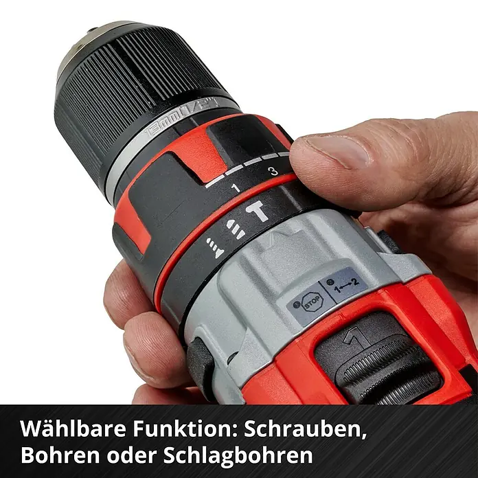 Einhell Professional Power X-Change 18V Akku-Schlagbohrschrauber TP-CD 18 Li-i BL - 18 V, 2 Akkus, 60 Nm - Akkuschrauber-Detail: Nahaufnahme der Bohrfuttereinstellung und Funktionsauswahl für Schrauben, Bohren oder Schlagbohren.