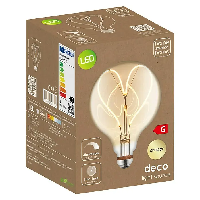 Home Sweet Home LED-Lampe Heart Vintage Globe-Form E27 - E27, Dimmbar, Warmweiß, 280 lm, 4 W - Nahaufnahme der Verpackung einer LED-Glühbirne von Deco Light Source mit Energieeffizienzklasse G und einer Lebensdauer von 25.000 Stunden.
