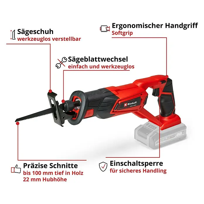 Einhell Power X-Change 18V Akku-Säbelsäge TE-AP 18/22 Li-Solo - 18 V, Ohne Akku, 0 /min - 2.600 /min - Akku-Säbelsäge von Einhell mit ergonomischem Handgriff, werkzeugloser Sägeblattwechsel und verstellbarem Sägeschuh für präzise Schnitte.