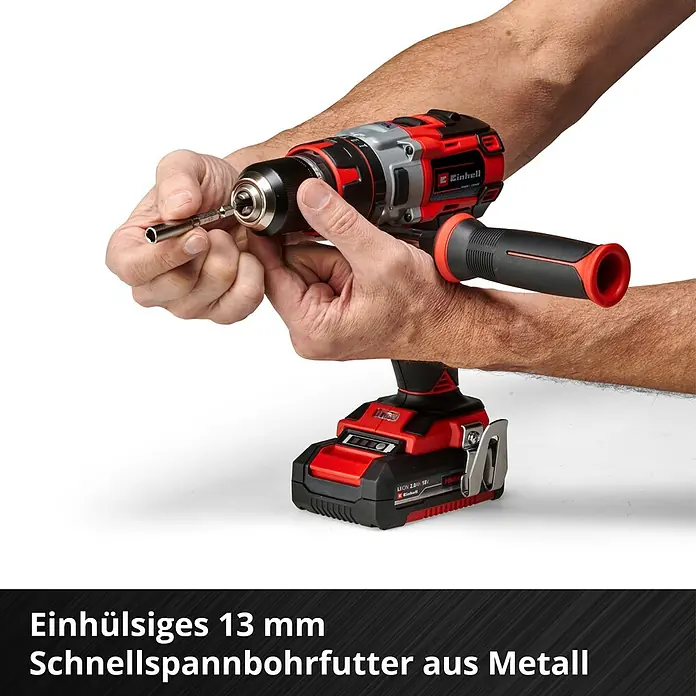 Einhell Professional Power X-Change 18V Akku-Schlagbohrschrauber TP-CD 18 Li-i BL - 18 V, 2 Akkus, 60 Nm - Einhand-Schnellspannbohrfutter aus Metall mit 13 mm für den Einhell Akku-Bohrschrauber. Ideal zum schnellen Wechseln von Bohrern und Bits.