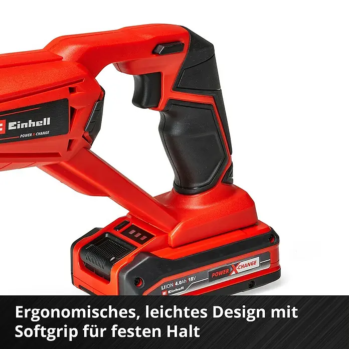 Einhell Power X-Change 18V Akku-Säbelsäge TE-AP 18/22 Li-Solo - 18 V, Ohne Akku, 0 /min - 2.600 /min - Ergonomisches Design des roten Einhell Akku-Geräts mit Softgriff für festen Halt und komfortable Handhabung.