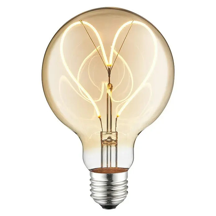 Home Sweet Home LED-Lampe Heart Vintage Globe-Form E27 - E27, Dimmbar, Warmweiß, 280 lm, 4 W - Nahaufnahme einer dekorativen Edison-Glühbirne mit herzförmiger Glühwendel vor schwarzem Hintergrund.