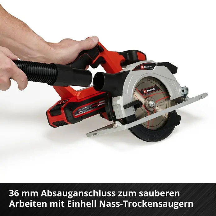 Einhell PXC 18V Akku-Handkreissäge TE-CS 18/150 Li - Solo - 18 V, Ohne Akku, Leerlaufdrehzahl: 4.200 U/min - Akku-Handkreissäge von Einhell mit Absauganschluss für sauberes Arbeiten mit Nass-Trockensaugern, ideal für Heimwerker und Profis.