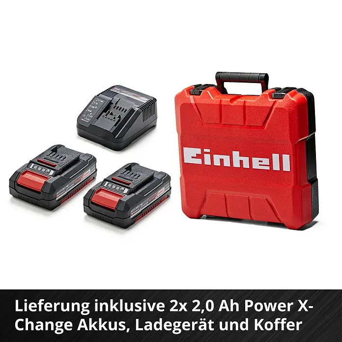 Einhell Professional Power X-Change 18V Akku-Schlagbohrschrauber TP-CD 18 Li-i BL - 18 V, 2 Akkus, 60 Nm - Abbildung eines Einhell Power X-Change Akku-Sets mit zwei Akkus, Ladegerät und rotem Werkzeugkoffer.
