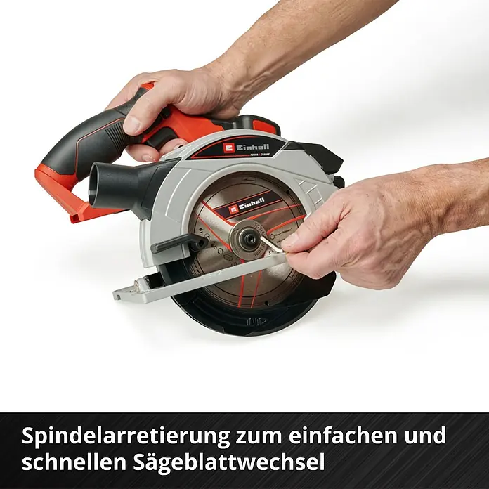 Einhell Power X-Change 18V Akku-Handkreissäge TE-CS 18/165-1 Li - Solo - 18 V, Ohne Akku, Leerlaufdrehzahl: 4.200 U/min - Einfacher Sägeblattwechsel dank der Spindelarretierung an der Einhell Akku-Handkreissäge.