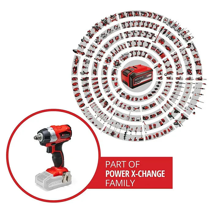 Einhell Professional Power X-Change 18V Akku-Impulsschrauber TE-CW 18 Li Brushless-Solo - 18 V, Ohne Akku, 215 Nm - Akku-Schlagschrauber von Einhell, Teil der Power X-Change-Familie, umgeben von anderen Geräten derselben Serie in einem kreisförmigen Design.