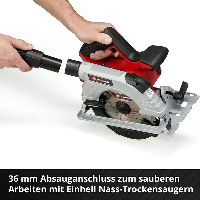 Einhell Professional Power X-Change 18V Akku-Handkreissäge TE-CS 18/190 Li BL-Solo - 18 V, Ohne Akku, Leerlaufdrehzahl: 0 U/min - 3.800 U/min - Eine Einhell Akku-Handkreissäge mit Staubabsaugung wird an einen Staubsauger angeschlossen.