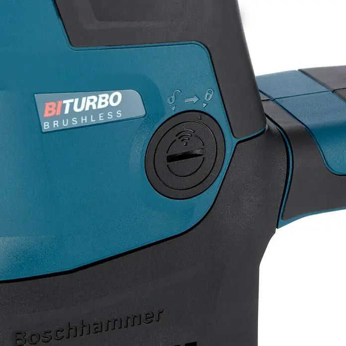 Bosch Professional AMPShare 18V Akku-Kombihammer 18V-34 CF - 18 V, Ohne Akku, 5,8 J - Detailaufnahme eines Boschhammer-Bohrhammers mit Biturbo Brushless-Technologie. Das Gerät ist blau und schwarz und zeigt Bedienelemente.