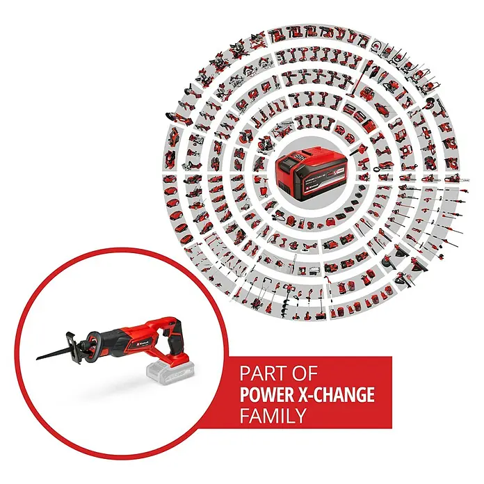 Einhell Power X-Change 18V Akku-Säbelsäge TE-AP 18/22 Li-Solo - 18 V, Ohne Akku, 0 /min - 2.600 /min - Abbildung einer Einhell Akku-Säbelsäge, Teil der Power X-Change Familie, umgeben von anderen Werkzeugen.