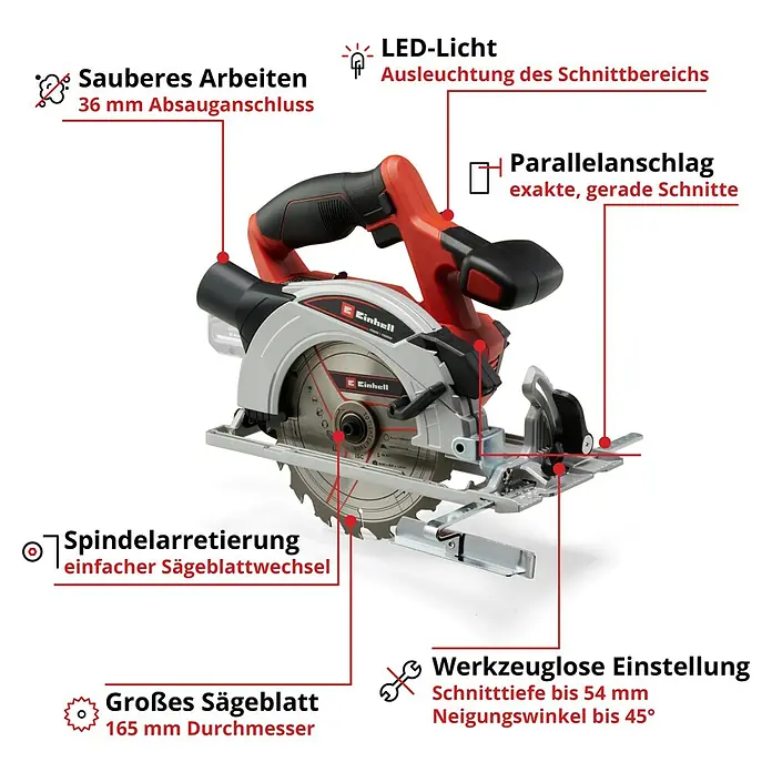 Einhell Power X-Change 18V Akku-Handkreissäge TE-CS 18/165-1 Li - Solo - 18 V, Ohne Akku, Leerlaufdrehzahl: 4.200 U/min - Abbildung einer Einhell Akku-Handkreissäge mit Details zu Funktionen wie sauberem Arbeiten und werkzeugloser Einstellung.