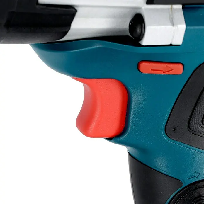 Bosch Professional AMPShare 18V Akku-Drehschlagschrauber GDS 18V-1000 C - 18 V, 2 Akkus, 8 Ah, 1.000 Nm, Inkl. Bluetooth Low Energy Modul GCY 42 - Nahaufnahme des blauen Akku-Bohrschraubers mit rotem Auslöser und Richtungswechseltaste.