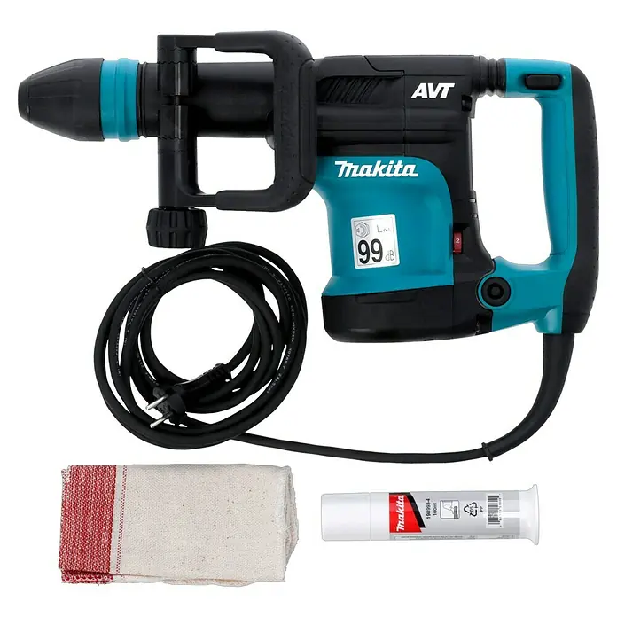 Makita Abbruchhammer HM0871C - 1.100 W, 8,1 J, SDS-Max-Aufnahme - Nahaufnahme eines Makita AVT Abbruchhammers mit Zubehör, ideal für schwere Abbrucharbeiten.