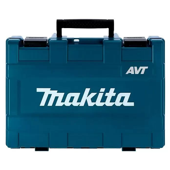 Makita Martillo demoledor HM0871C - 1.100 W, 8,1 J, Alojamiento SDS-MAX - Maleta de herramientas Makita azul verdoso con asa y cierres negros, con los logotipos 'Makita' y 'AVT' en la parte frontal.