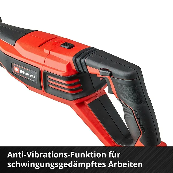 Einhell Professional Power X-Change 18V Akku-Säbelsäge Professional TE-AP 18/28 Li BL - Solo - 18 V, Ohne Akku, Leerlaufhubzahl: 0 /min - 2.500 /min - Nahaufnahme eines Einhell Elektrogeräts in Rot und Schwarz.