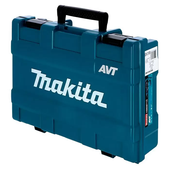 Makita Martillo demoledor HM0871C - 1.100 W, 8,1 J, Alojamiento SDS-MAX - Maletín de herramientas Makita de plástico duro azul verdoso con asa negra, con el logo de Makita y 'AVT'.