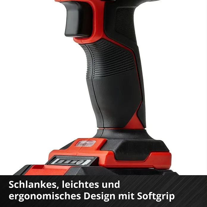 Einhell Power X-Change 18V Akku-Bohrschrauber TC-CD 18/35 - 18 V, 1 Akku, 1,5 Ah, 35 Nm - Nahaufnahme eines Akku-Bohrers mit schlankem, leichtem und ergonomischem Design mit Softgrip.