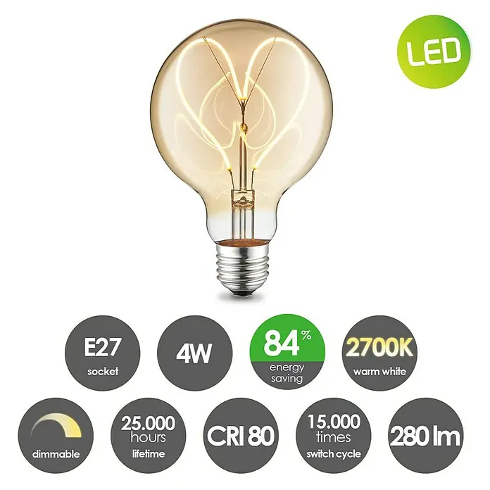 Home Sweet Home LED-Lampe Heart Vintage Globe-Form E27 - E27, Dimmbar, Warmweiß, 280 lm, 4 W - LED-Glühbirne mit E27-Sockel, 4W Leistung, 2700K warmweißes Licht, 84% Energieeinsparung, dimmbar, 25.000 Stunden Lebensdauer und 280 Lumen.