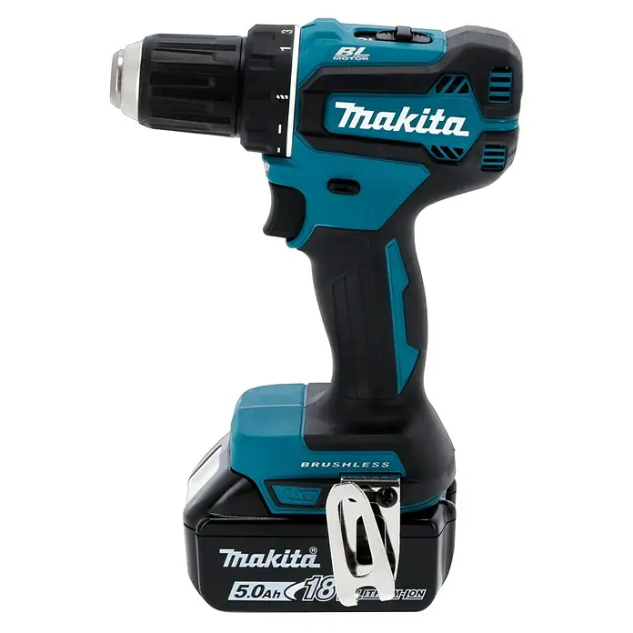 Makita LXT 18V Akku-Bohrschrauber DDF485RTJ + Artikelnr. 33855482 hinzufügen* - 18 V, 2 Akkus, 5 Ah, 50 Nm - Abbildung einer Makita Akku-Bohrmaschine.
