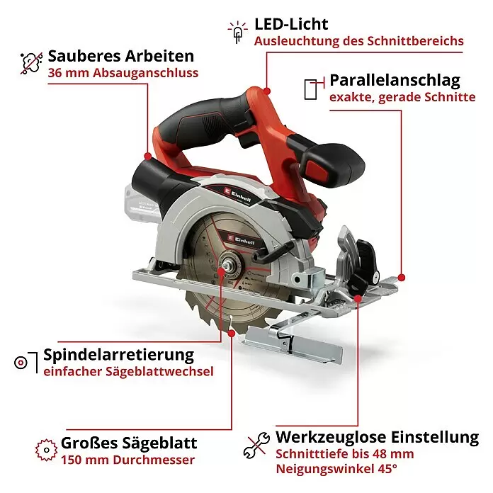 Einhell Power X-Change 18V Akku-Handkreissäge TE-CS 18/150 Li - Solo18 V, Ohne Akku, Leerlaufdrehzahl: 4.200 U/min