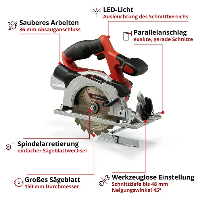 Einhell PXC 18V Akku-Handkreissäge TE-CS 18/150 Li - Solo - 18 V, Ohne Akku, Leerlaufdrehzahl: 4.200 U/min - Akku-Handkreissäge von Einhell mit LED-Licht, Parallelanschlag, Spindelarretierung, 150 mm Sägeblatt und werkzeugloser Einstellung.