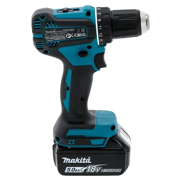 Makita LXT 18V Akku-Bohrschrauber DDF485RTJ + Artikelnr. 33855482 hinzufügen* - 18 V, 2 Akkus, 5 Ah, 50 Nm - Akkuschrauber von Makita, Modell DDF485, mit einem 18V Lithium-Ionen Akku. Das Gerät ist blau und schwarz.