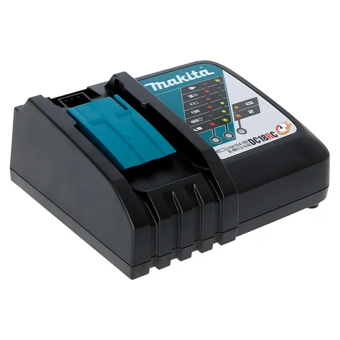 Makita LXT 18V Akku-Bohrschrauber DDF485RTJ + Artikelnr. 33855482 hinzufügen* - 18 V, 2 Akkus, 5 Ah, 50 Nm - Abbildung eines Makita DC18RC Akku-Ladegeräts, ideal für 14,4-18V Li-Ion Akkus. Kompaktes Design für schnelles und effizientes Laden.