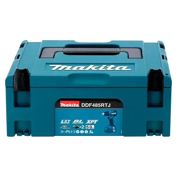 Makita LXT 18V Taladro atornillador de batería DDF485 - 18 V, 2 baterías, 5 Ah, 50 Nm - Kit de taladro Makita DDF485RTJ en una caja azul verdoso, con la imagen de un taladro y dos baterías 5.0Ah 18V Li-Ion en la etiqueta.