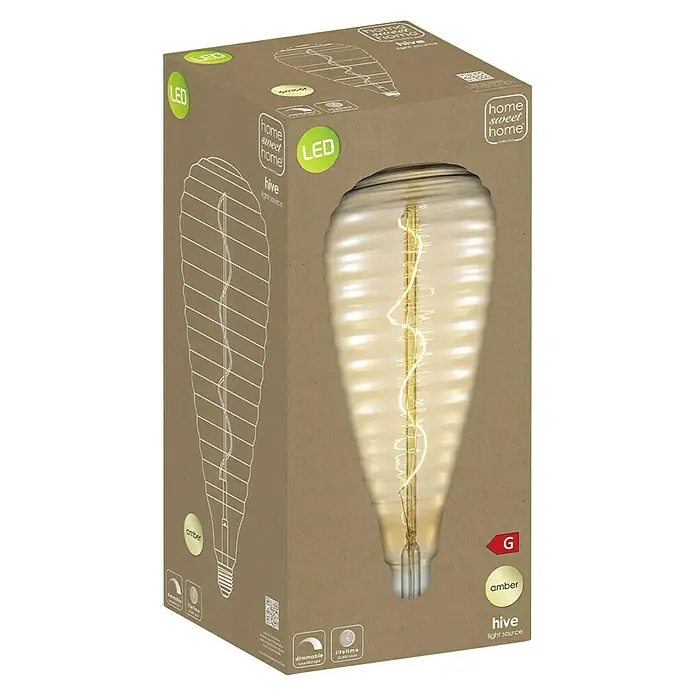 Home Sweet Home LED-Lampe Vintage Globe-Form E27 - E27, Dimmbar, Warmweiß, 280 lm, 4 W - Verpackung einer Hive Glühbirne mit LED Technik und Amber Farbton, die ein warmes und gemütliches Licht erzeugt.