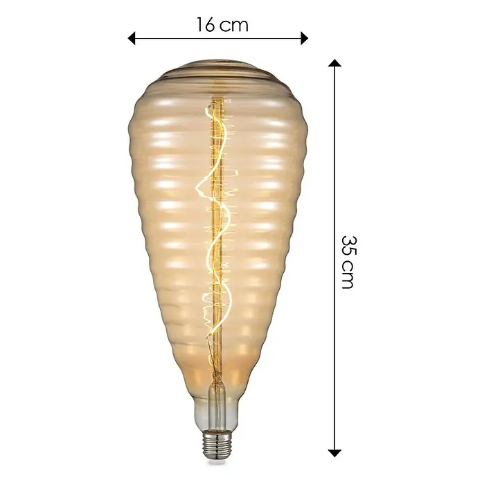 Home Sweet Home LED-Lampe Vintage Globe-Form E27 - E27, Dimmbar, Warmweiß, 280 lm, 4 W - Produktbild einer länglichen, bernsteinfarbenen Glühbirne mit sichtbarem Glühfaden und Größenangaben.