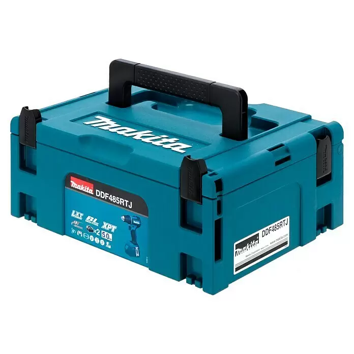Makita LXT 18V Taladro atornillador de batería DDF485 - 18 V, 2 baterías, 5 Ah, 50 Nm - Caja de herramientas Makita (systainer) azul turquesa con asa y cierres negros, con etiquetas del producto.