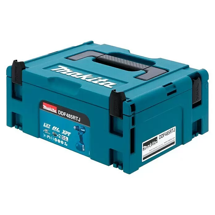 Makita LXT 18V Taladro atornillador de batería DDF485 - 18 V, 2 baterías, 5 Ah, 50 Nm - Kit de taladro atornillador Makita DDF485RTJ turquesa en un estuche de plástico resistente con cierres y asa negros.
