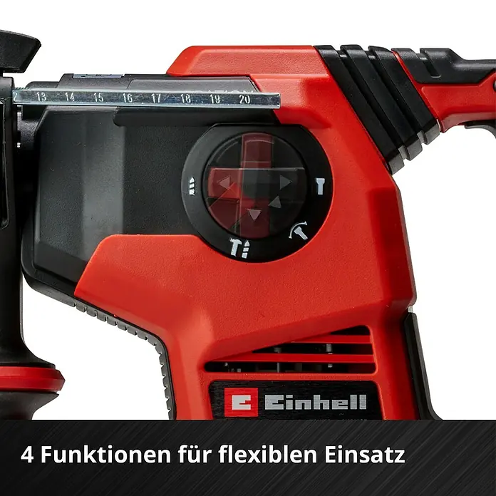 Einhell Professional Power X-Change 18V Akku-Kombihammer Herocco 36/28 - 18 V, Ohne Akku, 0 Ah, 3,2 J - Nahaufnahme eines roten Einhell Bohrhammers mit Bohrtiefenanschlag und Funktionswahlschalter.