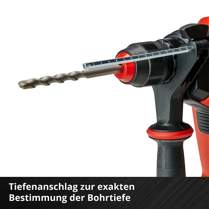 Einhell Professional Power X-Change 18V Akku-Kombihammer Herocco 36/28 - 18 V, Ohne Akku, 0 Ah, 3,2 J - Nahaufnahme einer Bohrmaschine mit Tiefenanschlag für präzise Bohrtiefen.