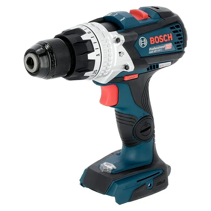 Bosch Professional AMPShare 18V Akku-Schlagbohrschrauber GSB 18V-110 C - 18 V, Ohne Akku, 110 Nm, Inkl. Koffer - Das Bild zeigt eine Bosch GSB 18V-110 C Akku-Schlagbohrmaschine mit blau-schwarzem Gehäuse, ideal für professionelle Anwendungen.