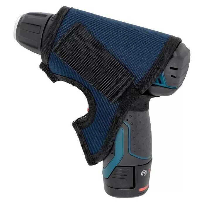 Bosch Professional Taladro atornillador de batería GSR 12V-15 FC - 12 V, 2 baterías, 2 Ah, 30 Nm, 11 pzs. - Funda protectora de tela azul oscuro y correas negras sobre un taladro inalámbrico negro y azul.
