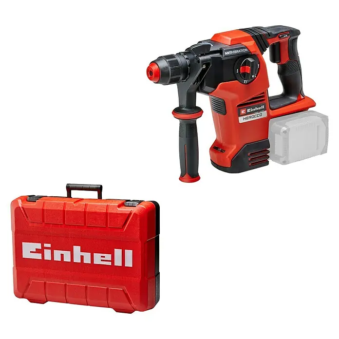 Einhell Professional Power X-Change 18V Akku-Kombihammer Herocco 36/28 - 18 V, Ohne Akku, 0 Ah, 3,2 J - Ein roter Einhell Herocco Akku-Bohrhammer mit Anti-Vibrationsfunktion und einem roten Werkzeugkoffer.
