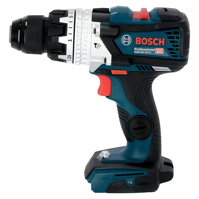 Bosch Professional AMPShare 18V Akku-Schlagbohrschrauber GSB 18V-110 C - 18 V, Ohne Akku, 110 Nm, Inkl. Koffer - Nahaufnahme einer blauen Bosch GSB 18V-110 C Akku-Bohrmaschine, die ihre robuste Bauweise und professionelle Qualität hervorhebt.