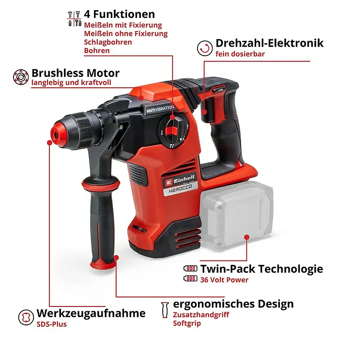 Einhell Professional Power X-Change 18V Akku-Kombihammer Herocco 36/28 - 18 V, Ohne Akku, 0 Ah, 3,2 J - Ein roter Einhell Herocco Akku-Bohrhammer mit SDS-Plus-Werkzeugaufnahme, Brushless Motor, Drehzahl-Elektronik und Twin-Pack-Technologie für 36 Volt Power.