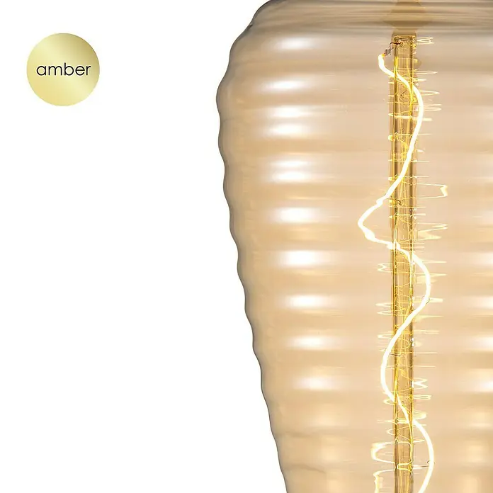 Home Sweet Home LED-Lampe Vintage Globe-Form E27 - E27, Dimmbar, Warmweiß, 280 lm, 4 W - Nahaufnahme einer bernsteinfarbenen Glühbirne mit einem gewundenen Glühfaden und einer gewellten Glasoberfläche.