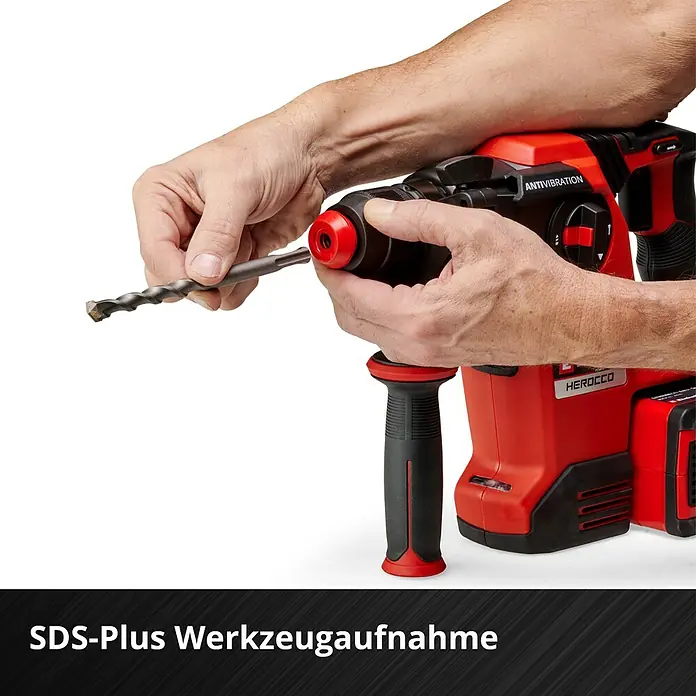 Einhell Professional Power X-Change 18V Akku-Kombihammer Herocco 36/28 - 18 V, Ohne Akku, 0 Ah, 3,2 J - Abbildung einer Herocco Akku-Bohrhammer mit SDS-Plus Werkzeugaufnahme beim Einsetzen eines Bohrers.