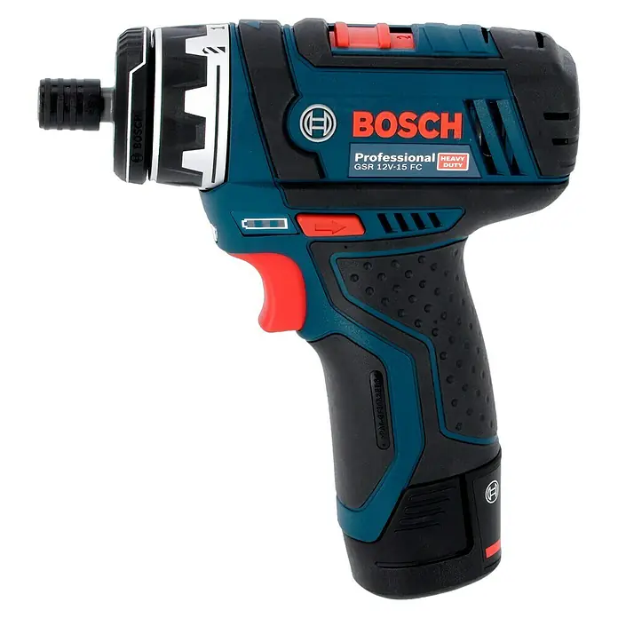 Bosch Professional Akku-Bohrschrauber GSR 12V-15 FC - 12 V, 2 Akkus, 2 Ah, 30 Nm, 11 -tlg. - Nahaufnahme eines Bosch Professional GSR 12V-15 FC Akku-Bohrschraubers mit blau-schwarzem Gehäuse und rotem Auslöser.