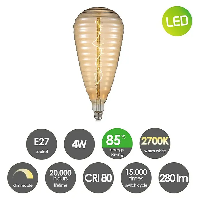 Home Sweet Home LED-Lampe Vintage Globe-Form E27 - E27, Dimmbar, Warmweiß, 280 lm, 4 W - Nahaufnahme einer LED-Glühbirne mit E27-Sockel, 4W Leistung, 85% Energieeinsparung, 2700K warmweiß, dimmbar und langer Lebensdauer.