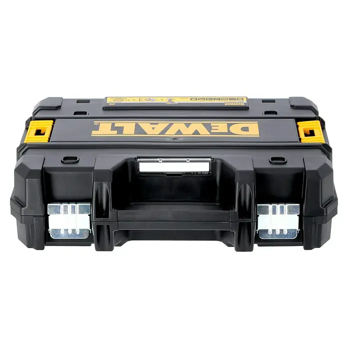 DeWalt XR 18V Akku-Bohrschrauber DCD708L2T - 18 V, 2 Akkus, 3 Ah, 65 Nm - Schwarze DeWalt Werkzeugkiste mit gelbem Logo und Verschlüssen. Optimal für die Aufbewahrung und den Transport von Werkzeugen.