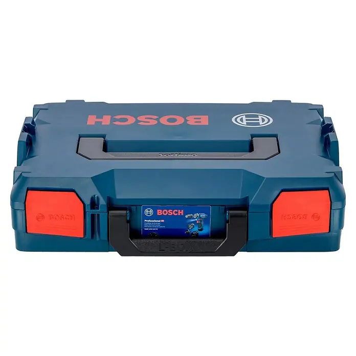 Bosch Professional Akku-Bohrschrauber GSR 12V-15 FC - 12 V, 2 Akkus, 2 Ah, 30 Nm, 11 -tlg. - Eine blaue Bosch L-Boxx Werkzeugkiste mit roten Akzenten, ideal zur Aufbewahrung und zum Transport von Werkzeugen und Zubehör.