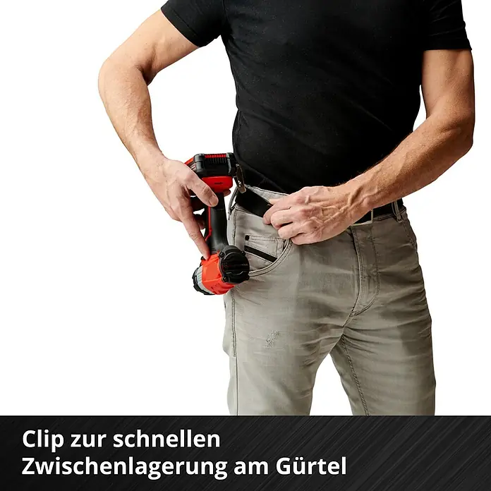 Einhell Professional Power X-Change 18V Akku-Impulsschrauber TE-CW 18 Li Brushless-Solo - 18 V, Ohne Akku, 215 Nm - Clip zur schnellen Zwischenlagerung am Gürtel. Der Akku-Bohrschrauber ist mit einem Clip für die schnelle Zwischenlagerung am Gürtel ausgestattet.
