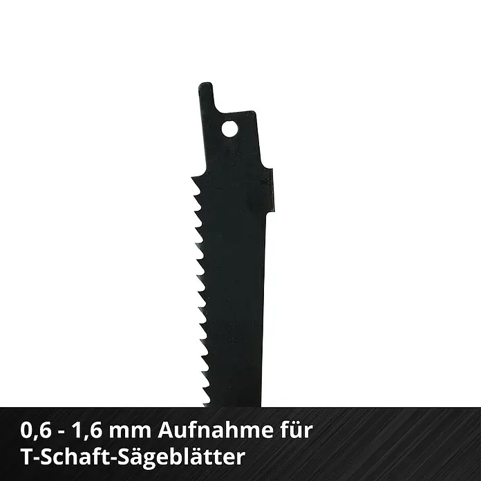 Einhell Power X-Change 18V Akku-Säbelsäge TE-AP 18/22 Li-Solo - 18 V, Ohne Akku, 0 /min - 2.600 /min - Aufnahme für T-Schaft-Sägeblätter. Das Sägeblatt ist schwarz und hat eine T-Form am Ende zum Einsetzen in die Säge.
